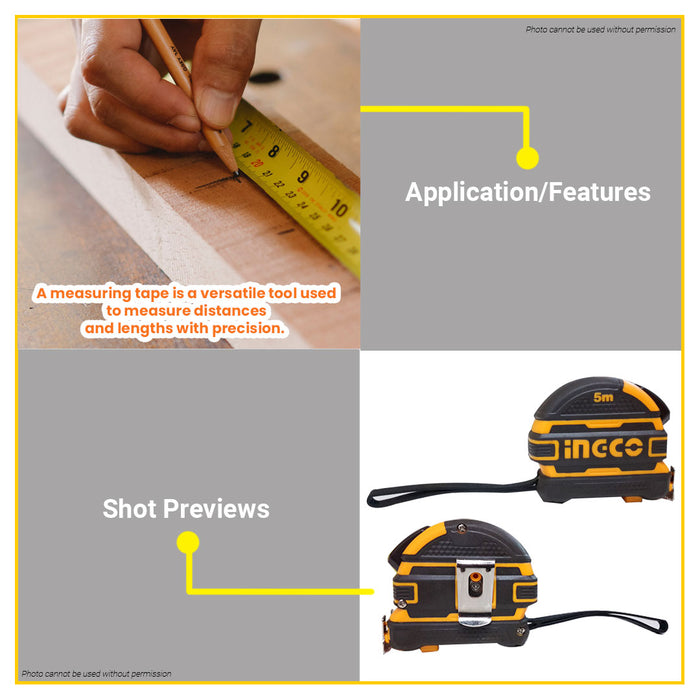 BUILDMATE Ingco Self Locking Steel Measuring Tape 5mx19mm Double Button With Continuous Marking Ruler Tape Measure HSMT08519 - IHT