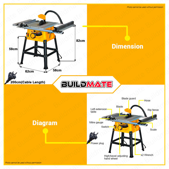 BUILDMATE Ingco Extendable Table Saw Machine 1850W 254mm Blade Jobsite Table Woodworking Stand Workbench TS18502 • IPT