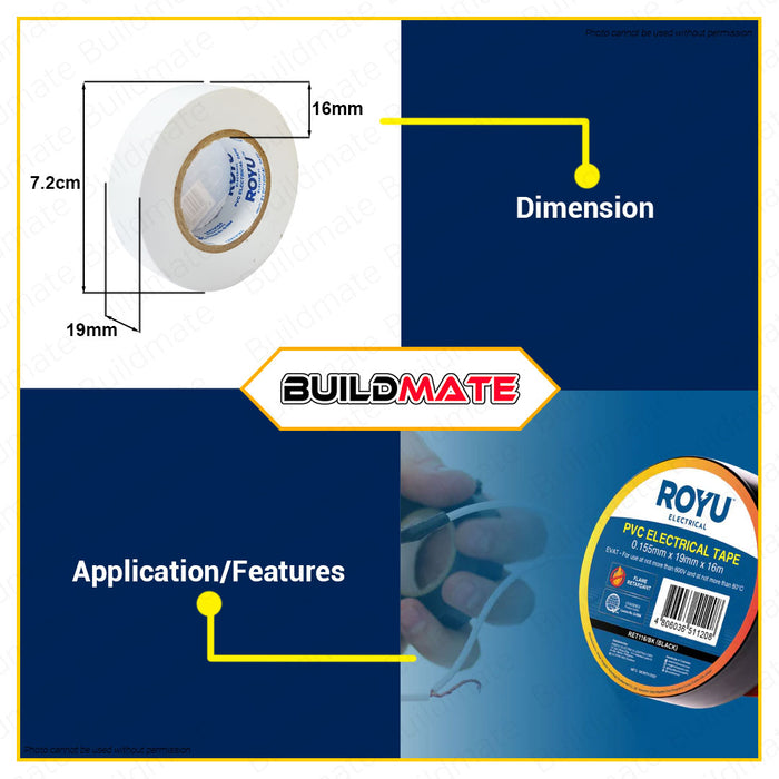 BUILDMATE Royu PVC Electrical Tape 0.155mmx19mmx16m Waterproof Insulation Wiring Flame Retardant Adhesive Repair Colored Insulating Electric Wire Tape SOLD PER PIECE