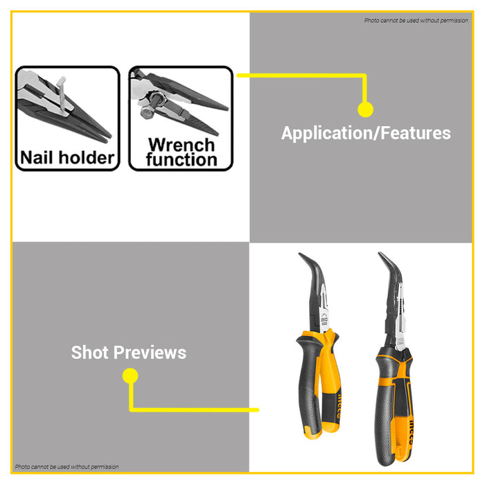 BUILDMATE Ingco 6" Inch Bent Nose Pliers / 8" Inch High Leverage Bent Nose Pliers Hand Tools for DIY Craft HBNP28168 / HHBNP28201 - IHT