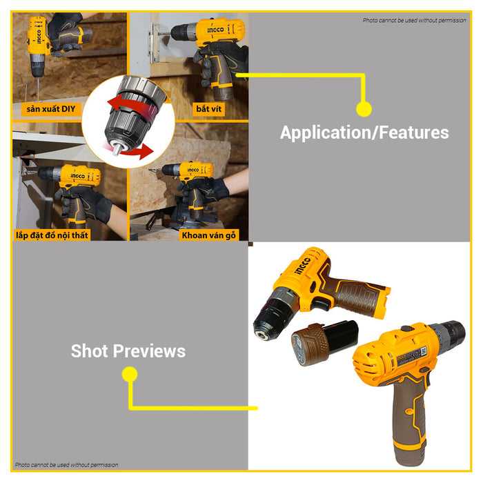 BUILDMATE Ingco 2-Speed Lithium-Ion Cordless Drill 12V with 2x Battery (Charger Sold Seperately) CDLI12202 ICPT
