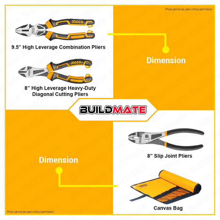 BUILDMATE Ingco 7PCS Pliers Set Long Nose Locking Pliers Curved Jaw Locking Pliers Pump Pliers High Leverage Combination Pliers High Leverage Diagonal Cutting Pliers High Leverage Long Nose Pliers Slip Joint Pliers with Canvas Bag COS23036 • HT2