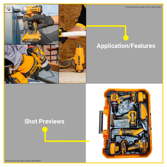 BUILDMATE Ingco 4pcs Cordless Combo Kit Brushless Impact Drill w/ Impact Wrench, Heat Gun & Multi-Tool Power Tool Combo Set COSLI240969 - ICPT