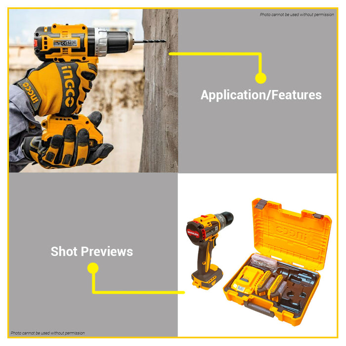 BUILDMATE Ingco 20V Lithium-Ion Cordless Compact Brushless Impact Drill 2-Speed Gear 60Nm Electric Screw Driver Hammer Drill CIDLI20602 - ICPT
