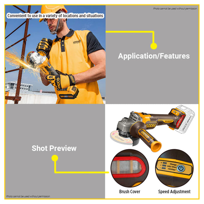 BUILDMATE Ingco Lithium-Ion Cordless Angle Grinder 20V Brushed / Brushless Rechargeable Grinding and Polishing Machine Power Tools - ICPT