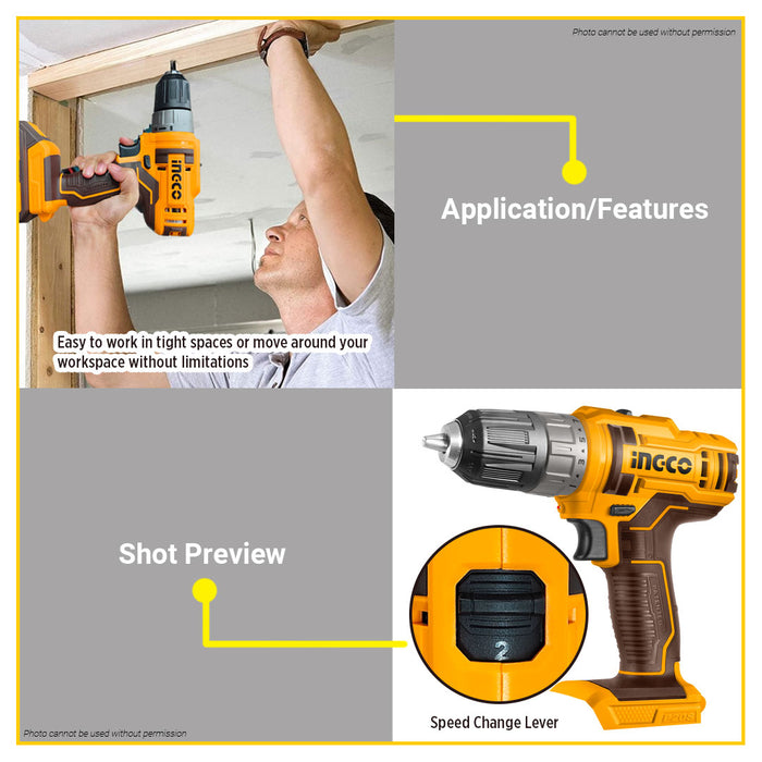 BUILDMATE Ingco Lithium-Ion Cordless Drill 20V 2-Speed Gear High Torque Rechargeable Drill Driver Power Tools - ICPT
