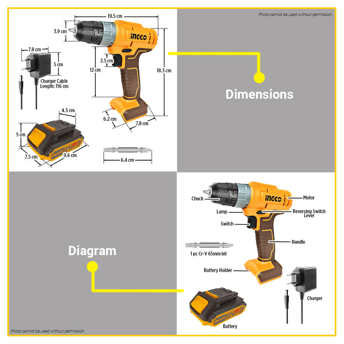 BUILDMATE Ingco 12V Lithium-Ion Cordless Drill 20N.m / 25N.m Rechargeable Drill Driver with Integrated Work Light Power Tools - ICPT