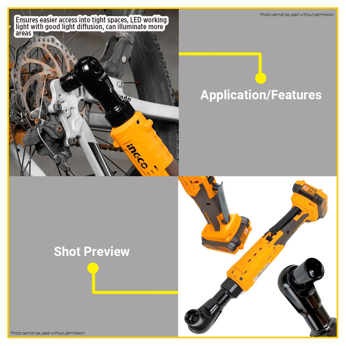 BUILDMATE Ingco 20V Lithium-Ion Cordless Drive Ratchet 65Nm High Torque Rechargeable Power Ratchet Tool CDRLI2060152 - ICPT