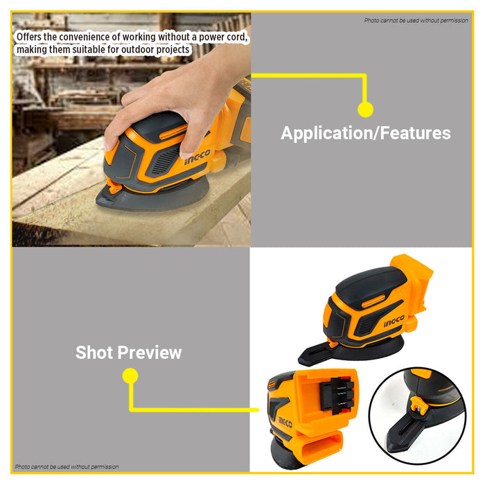 BUILDMATE Ingco Lithium-Ion Cordless 20V Palm Sander 13000rpm Rechargeable Woodworking Finishing Sheet Wood Sanding Machine Power Tool - ICPT