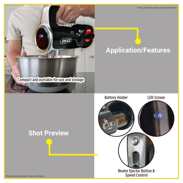 BUILDMATE Ingco 16V Cordless Hand Mixer 125W with 7-Speed Control Multifunction Self-Stand Electric Beater Whisk Baking Handheld Mixer Kitchen Appliance - ICPT