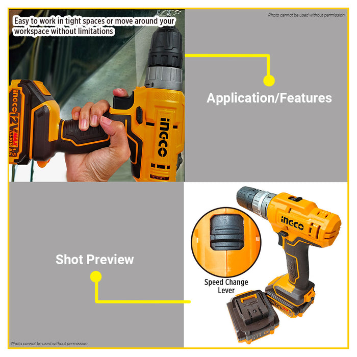 BUILDMATE Ingco Lithium-Ion Cordless 20V Impact Drill 25N.m 2-Speed Gear Rechargeable Drill Driver CIDLI1228 - ICPT