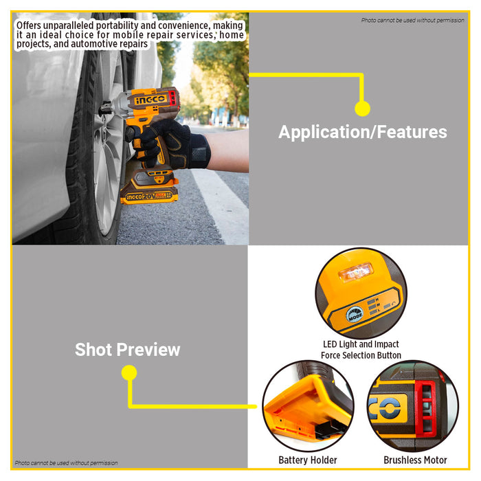 BUILDMATE Ingco Lithium-Ion Brushless Cordless 20V Impact Wrench 400N.m Rechargeable Automotive Torque Wrench Driver - ICPT