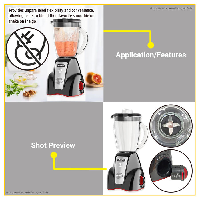 BUILDMATE Ingco 1.5L Cordless Stand Blender Juicer Smoothie Shaker 2-Speed Control with Pulse Fruit Blender - ICPT