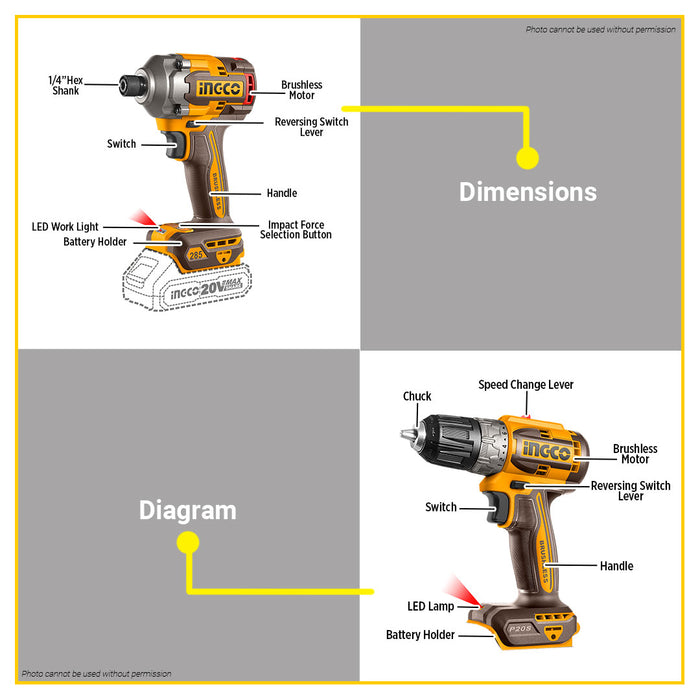 [EXCLUSIVE] BUILDMATE Ingco 2pcs Brushless 20V Cordless Combo Kit Lithium-Ion ( Impact Wrench or Impact Driver ) + Cordless Drill Power Tools Set CKLI20271 / CKLI20272  - ICPT