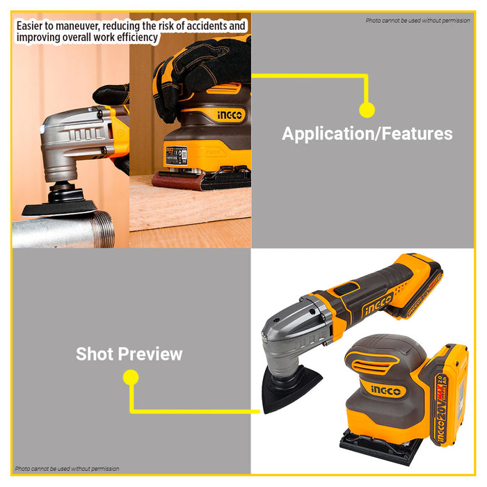 BUILDMATE Ingco 2pcs Cordless Combo Kit 20V Lithium Ion Oscillating Multi Tool Sheet Sander Power Tool Set CKLI20276 ICPT