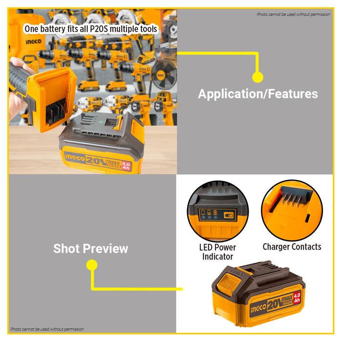 [EXCLUSIVE] BUILDMATE Ingco 2PCS/SET PS20S Lithium-Ion 20V Battery Kit 4.0Ah /5.0Ah Rechargeable Battery Pack Cordless Tool Accessories Kit COSLI240312 / COSLI240464 - IPX