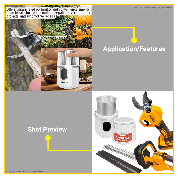 BUILDMATE Ingco 3pcs Cordless Combo Kit 20V Lithium-Ion Hedge Trimmer with Gauge Straight Shear & 90W Cordless Coffee Grinder Combo Tool Set COSLI240688 - ICPT