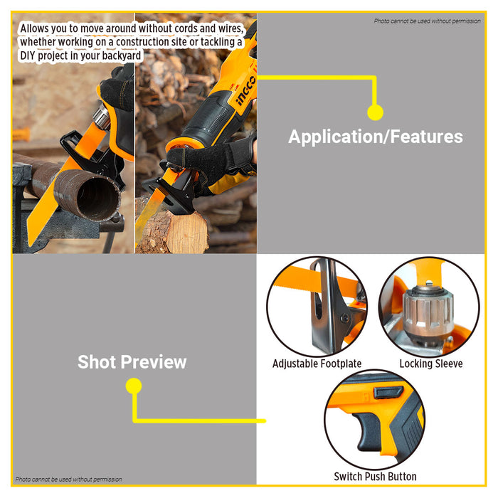 BUILDMATE Ingco 20V Lithium-Ion Cordless Reciprocating Saw 2-Stroke Motor POWERSHARE with Blade for Wood & Metal - ICPT