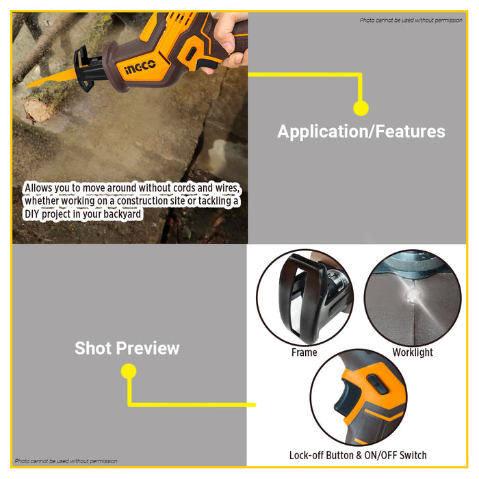 BUILDMATE Ingco Lithium-Ion Reciprocating Saw 20V Rechargeable Metal Wood Sabre Saw with 15Mmm Stroke Length - ICPT