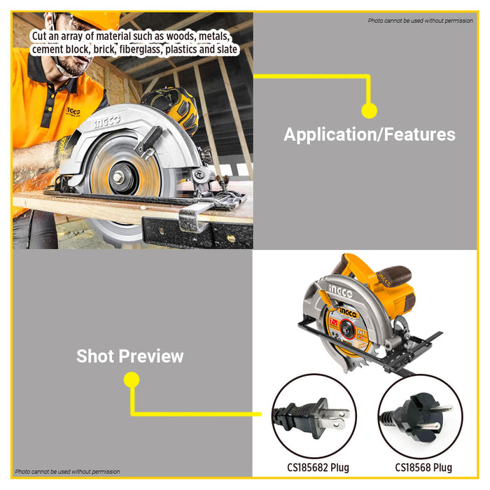 BUILDMATE Ingco Circular Saw 1600W Handheld Wood Cutting Woodworking Cutter Saw Power Tools CS18568 - IPT