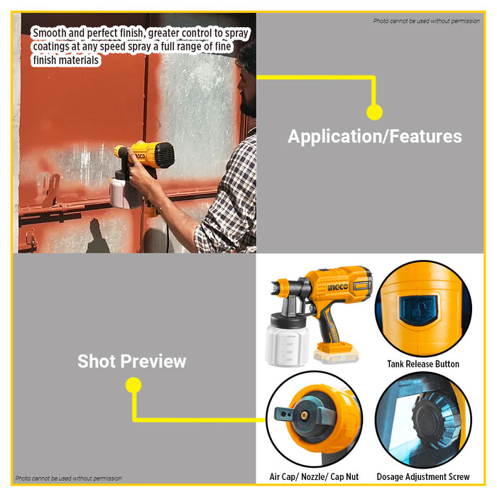 BUILDMATE Ingco 20V Lithium-Ion Cordless Spray Gun 800ML Paint Spray HVLP Sprayer Gun Power Painter Power Paint Zoom CSGLI20406 - ICPT