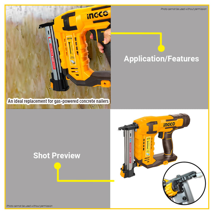 BUILDMATE Ingco 20V Lithium-Ion Cordless Concrete Nailer Pneumatic Air Nail Gun For Woodworking CSTLI3805 -ICPT