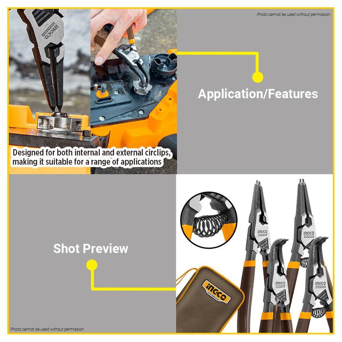 BUILDMATE Ingco 4pcs Circlip Pliers Set 7" (180mm) External / Internal Retaining Snap Ring  Circlip Installation Tool HCCPS26180 - IHT
