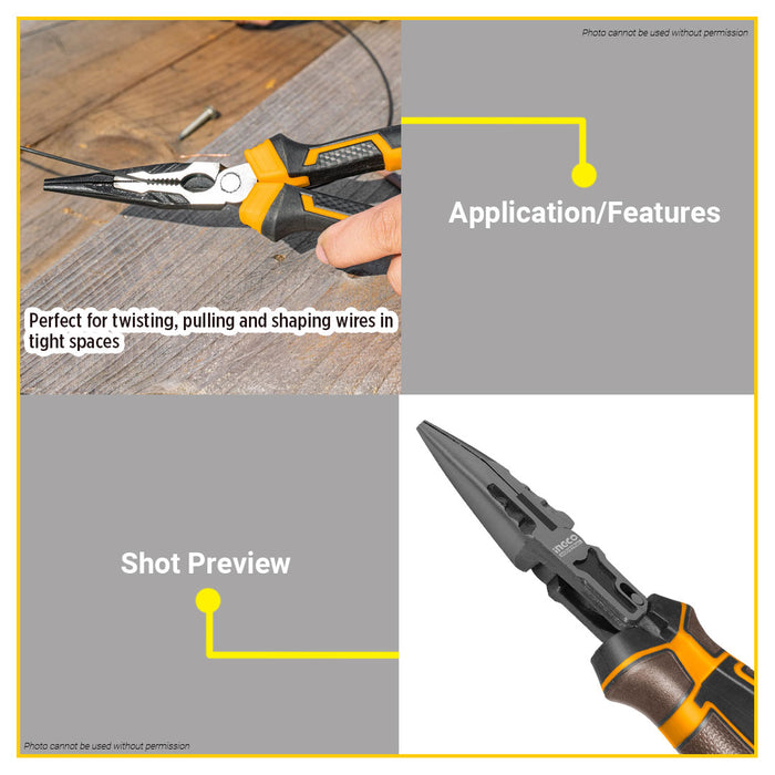 BUILDMATE Ingco Compound Action Long Nose Pliers 8.5" (215mm) Multi-functional Heavy Duty Angled Needle Snipe Pointed Nose Plier HCLNP58200 - IHT