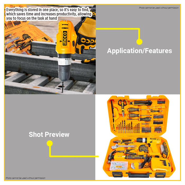 BUILDMATE Ingco 165pcs Household Tools Set Lithium-Ion Impact Drill with Hand Tool Kit Combo Home Repair Tool Set HKTHP11651 - ICPT