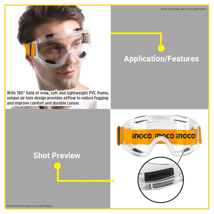 BUILDMATE Ingco Safety Goggles 180° Field of View PPE Protective Eyewear Clear Work Goggles Eye Protection HSG10 - IHT