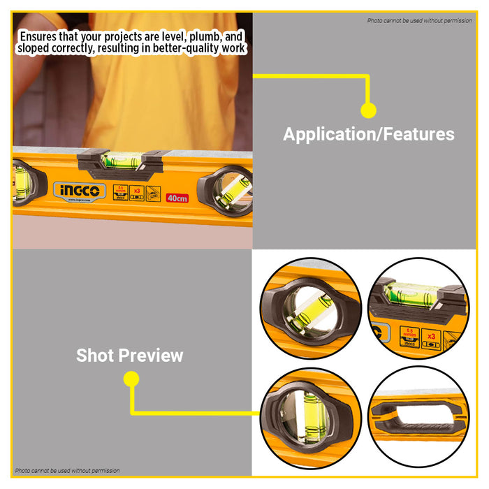 BUILDMATE Ingco 3pcs Spirit Level Set 40cm-100cm Multi-Purpose Bubble Alignment Leveling Measurement Tool Kit HSL10203 - IHT