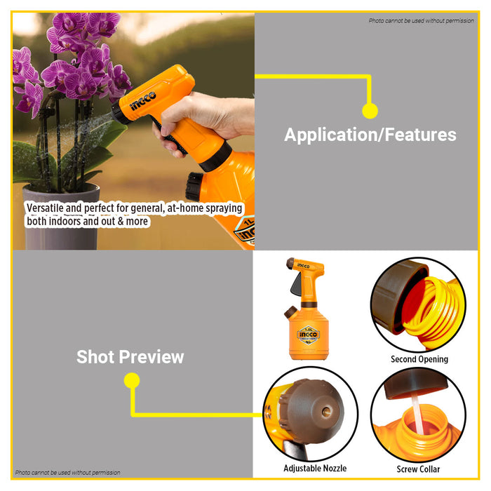 BUILDMATE Ingco Pump Sprayer 1L with Adjustable Nozzle Manual Handheld Portable Jet and Mist Garden Spray Bottle HSPP30102 - IHT