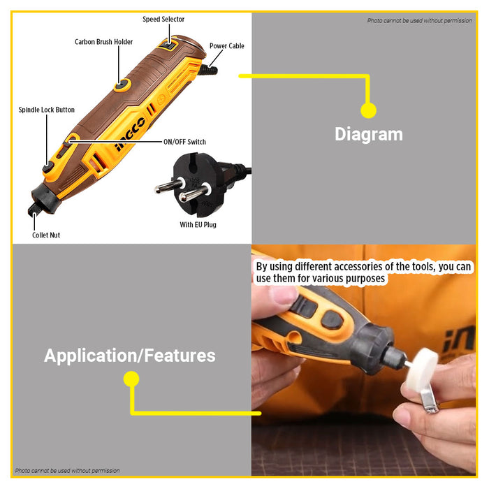 BUILDMATE Ingco Mini Die Grinder 130W with 252pcs Accessories Kit Electric Portable Compact Die Grinding and Polishing Engraver Rotary Tool MG133281