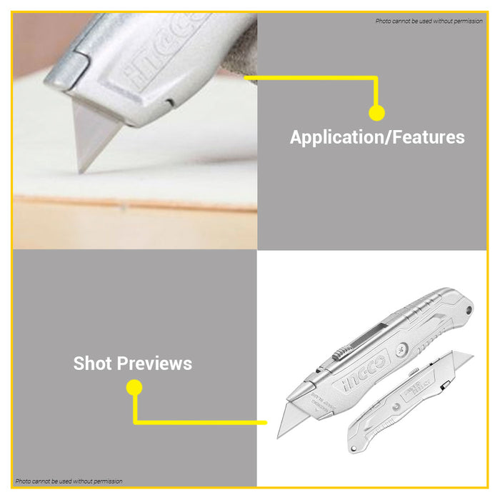 BUILDMATE Ingco Aluminium Alloy Body Auto-Lock Utility Knife With 1pc SK5 Blade HKNS11615 - IHT