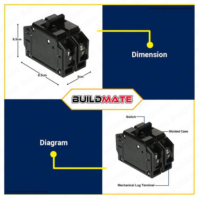 BUILDMATE Royu Mini Circuit Breaker Bolt-On Type Screw Terminal 2 Pole 15A | 20A | 30A | 40A | 60A | 100A [SOLD PER PIECE] Electrical Safety Breaker Safety Circuit Breaker Electrical Outlet Cover Electrical Circuit Safety •