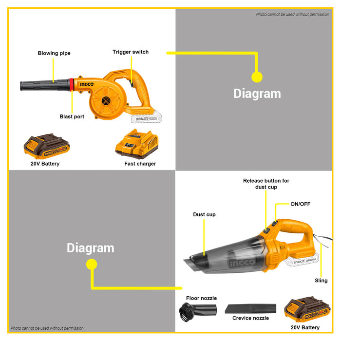 BUILDMATE Ingco 2PCS/SET Lithuim-Ion Cordless Vacuum Cleaner with Cordless Air Blower Combo Kit COSLI230805 - IPX