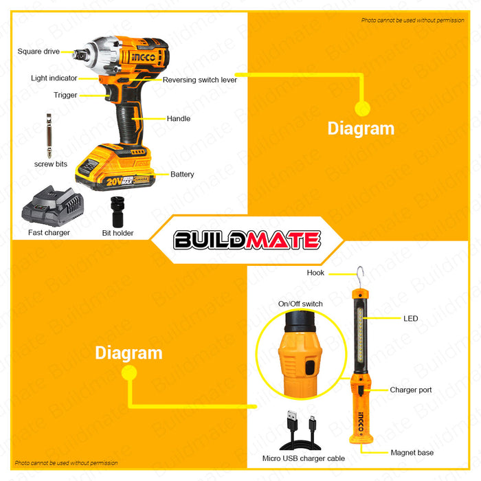 BUILDMATE Ingco Lithium-Ion Cordless Brushless 20V Impact Wrench / Driver with Work Lamp and Accessories Power Tools Combo Kit Set COSLI23011 - ICPT