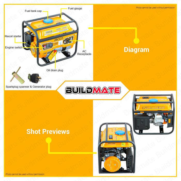 BUILDMATE Ingco Gasoline Generator AU Aluminum Coil Alternator | CO Copper Coil Alternator 5.5L 1.5 KW 4 Stroke Air-cooled Open Recoil Copper Wire Alternator GE15005-5P | GE15006-5P • IPT