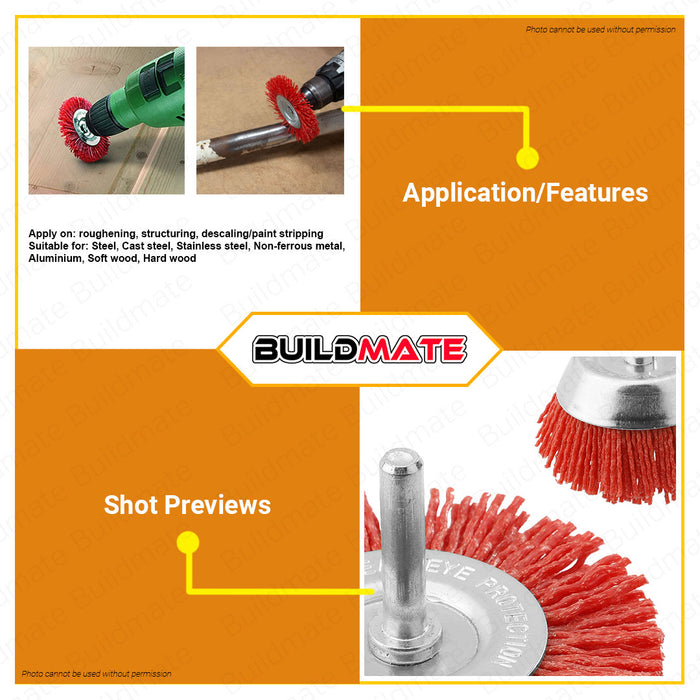 BUILDMATE Wadfow Nylon Brush 1" | 2" | 3" | 4" Inch [SOLD PER PIECE] Nylon Wire Brush Nylon Filament Abrasive Wire Brush Wheel & Cup Brush Wood Polishing Wire Bristle Drill Wheel and Cup Brush Red Wire Brush Abrasive Cup • WHT