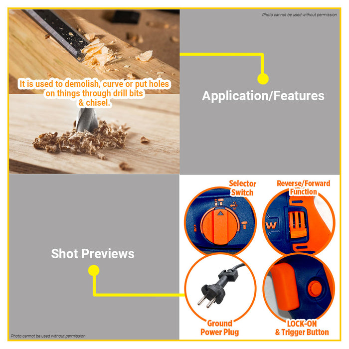 BUILDMATE Wadfow 800W Industrial Rotary Hammer Drill SDS  Plus Chuck Chipping Gun WRH1D26-2 - WPT