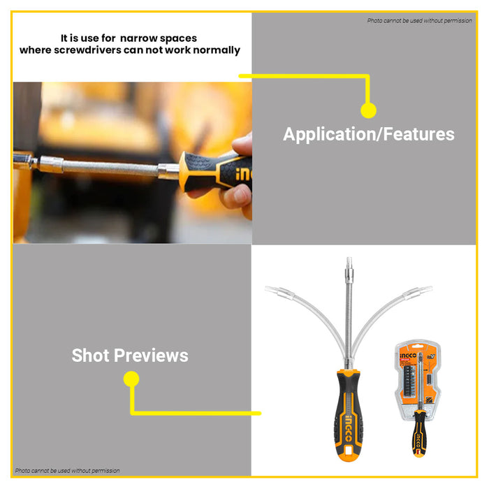 BUILDMATE Ingco 12pcs Flexible Shaft Screwdriver Set Cr-V Bendable Screw Bit Holder Driver Hand Tool Kit AKSDFL1208 - IHT