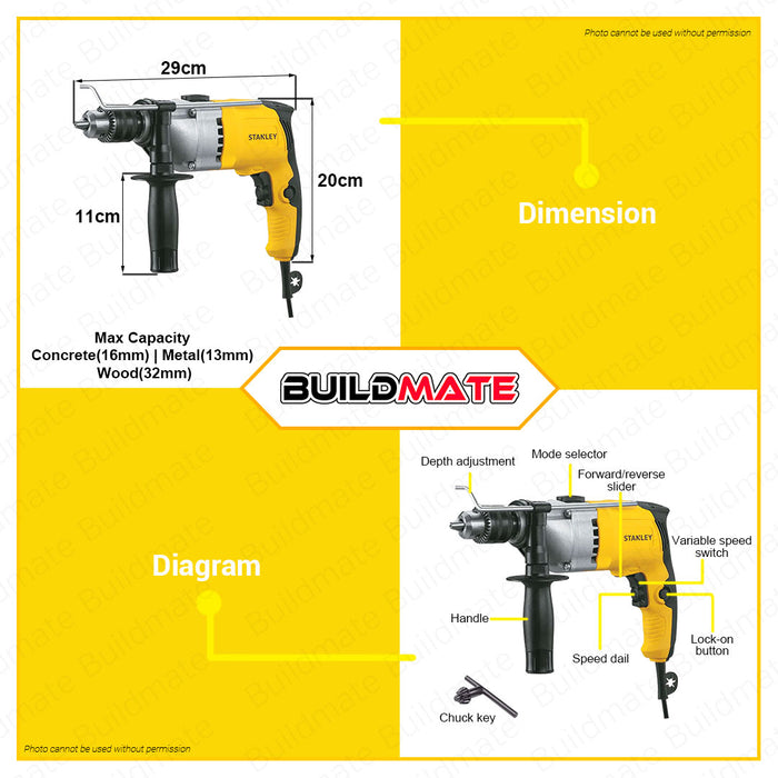 BUILDMATE Stanley Percussion Drill Value Kit with Case 13mm 550W 800 Buildmate