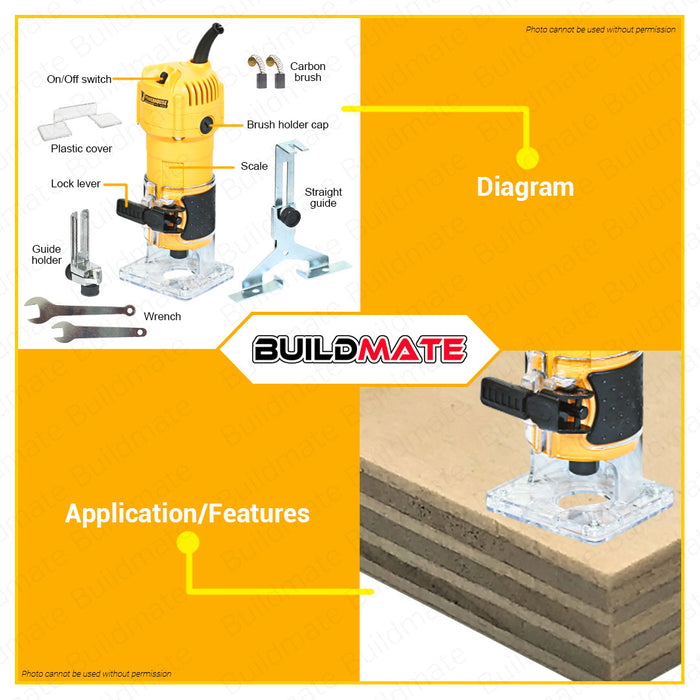 BUILDMATE Powerhouse Palm Router Trimmer 6mm 500W | 650W [SOLD PER SET] with Lock Wood Trimmer Electric Palm Trimmer / Palm Router Wood Router for Woodworking Mini Router Electric Trimmer PHB-PRGM6 | PH-PR650-QL • PHPT