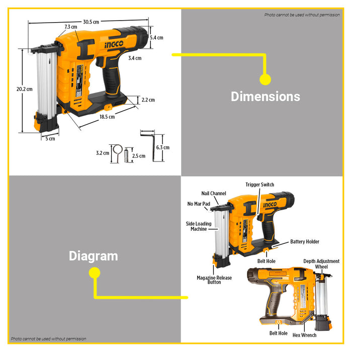 BUILDMATE Ingco Lithium-Ion Cordless 20V Brad Nailer Kit 15mm-50mm Woodworking Pin Nailer Driver Bradder Nailing Tool - ICPT