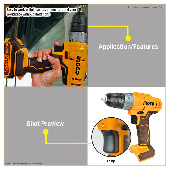 BUILDMATE Ingco 12V Lithium-Ion Cordless Drill 20N.m / 25N.m Rechargeable Drill Driver with Integrated Work Light Power Tools - ICPT
