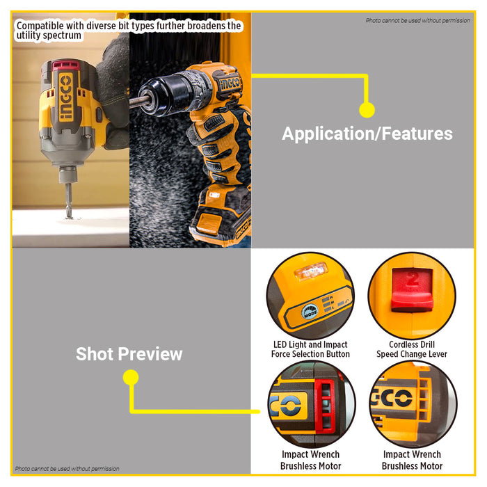 [EXCLUSIVE] BUILDMATE Ingco 2pcs Brushless 20V Cordless Combo Kit Lithium-Ion ( Impact Wrench or Impact Driver ) + Cordless Drill Power Tools Set CKLI20271 / CKLI20272  - ICPT
