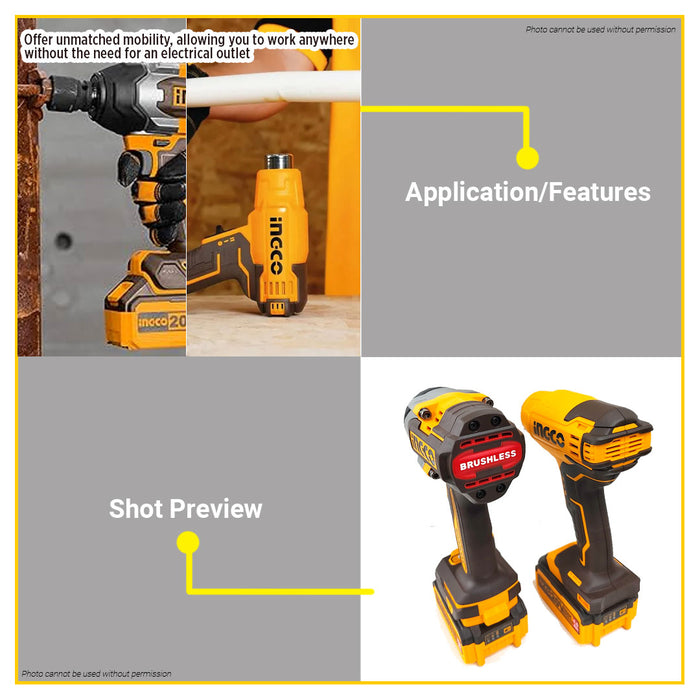 BUILDMATE Ingco 2pcs Cordless Combo Kit 20V Lithium-Ion 300/550°C Heat Gun with 850N.m Brushless Impact Wrench Power Tool Set COSLI240489 - ICPT