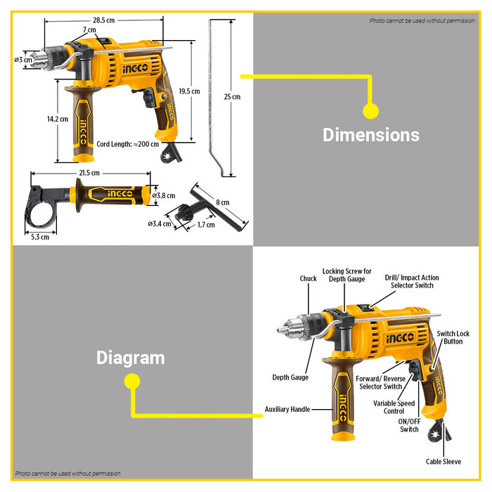 BUILDMATE Ingco Impact Drill 810W / 850W Electric Hammer Drill Keyed Chuck Concrete Drilling and Hammering Impact Barena Power Tool - IPT