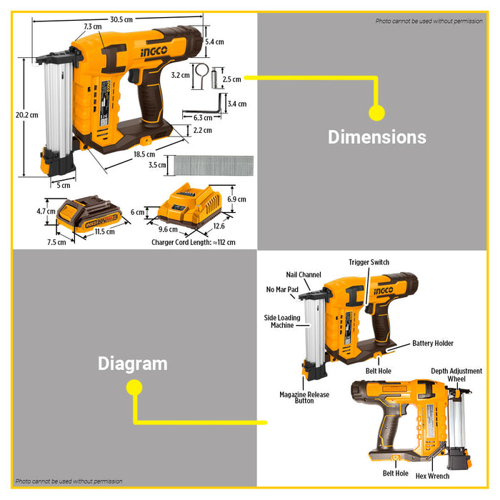 BUILDMATE Ingco Lithium-Ion Cordless 20V Brad Nailer Kit 15mm-50mm Woodworking Pin Nailer Driver Bradder Nailing Tool - ICPT