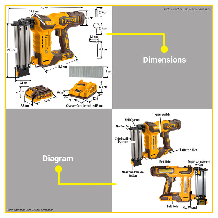 BUILDMATE Ingco Lithium-Ion Cordless 20V Brad Nailer Kit 15mm-50mm Woodworking Pin Nailer Driver Bradder Nailing Tool - ICPT